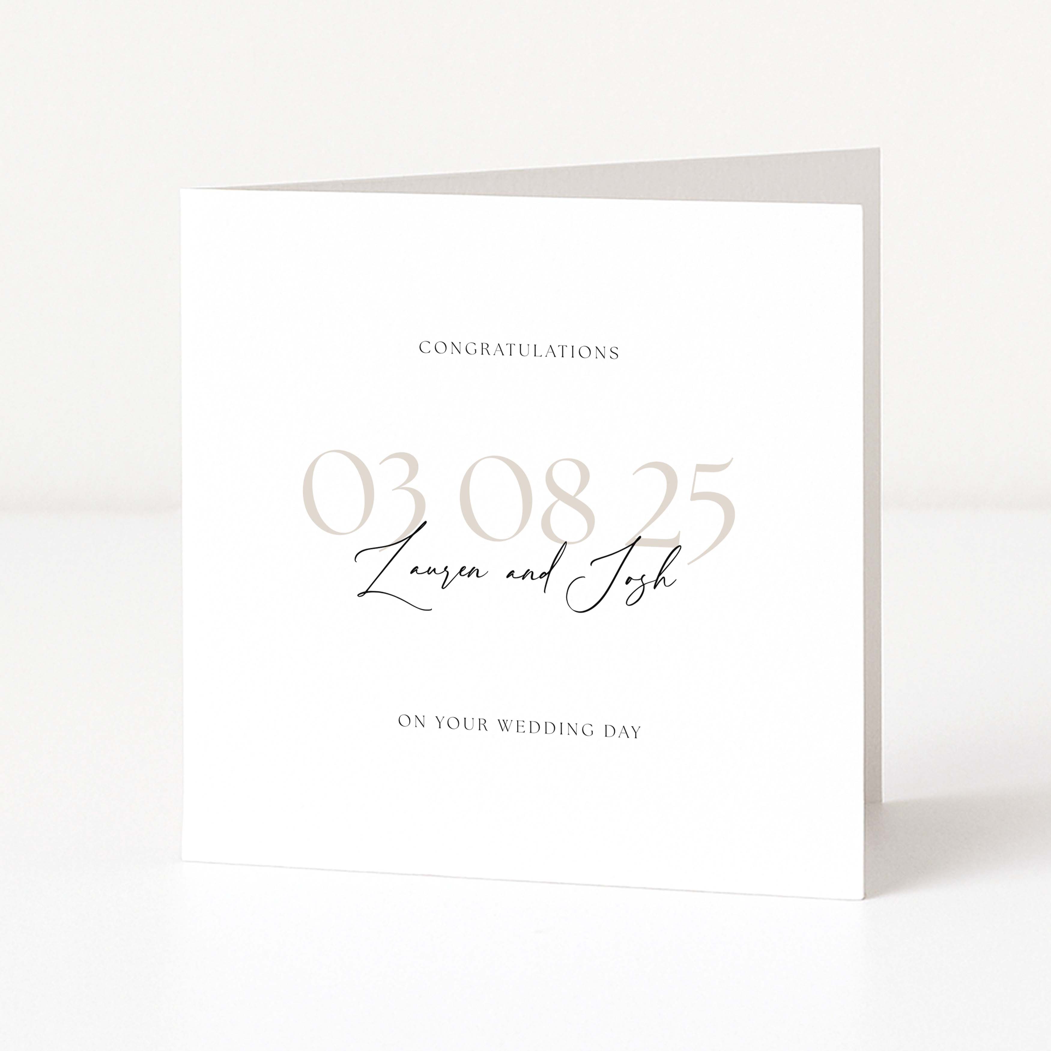 White card with gold text 'Congratulations 03.08.25 Lauren and Josh on your wedding day' on a white background