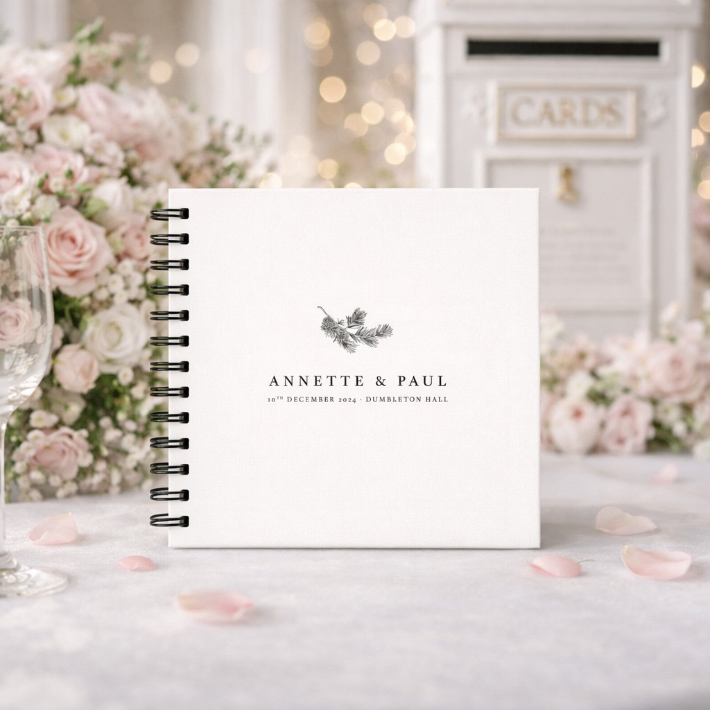 White spiral-bound guestbook with personalised text on a decorative background with flowers and cards.