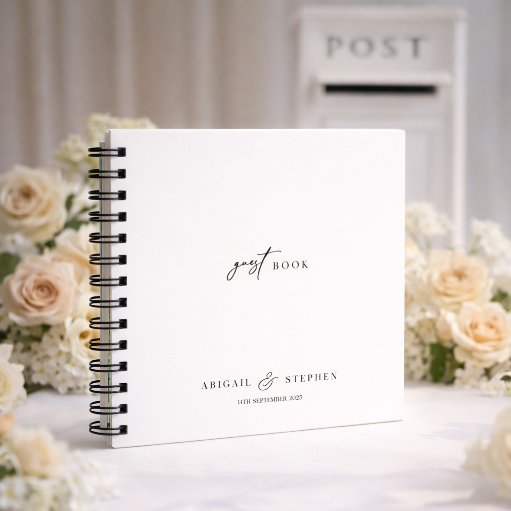 Guest book with personalized text on a table with flowers and a post box in the background