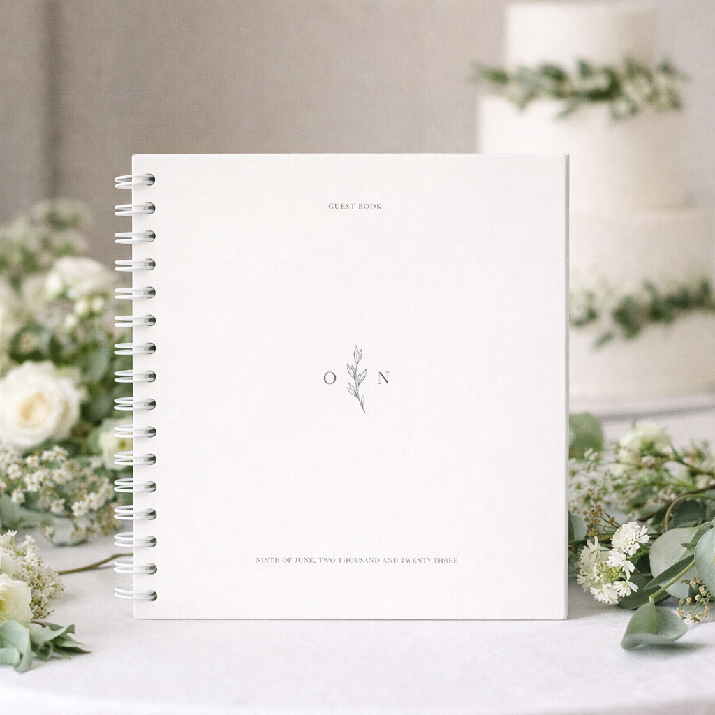 White guest book with floral decorations on a table