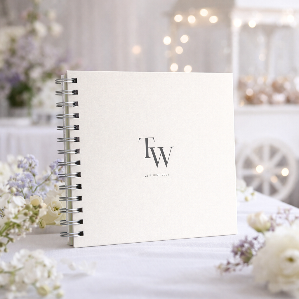 White guestbook with 'TW' initials on a decorative background with flowers and lights