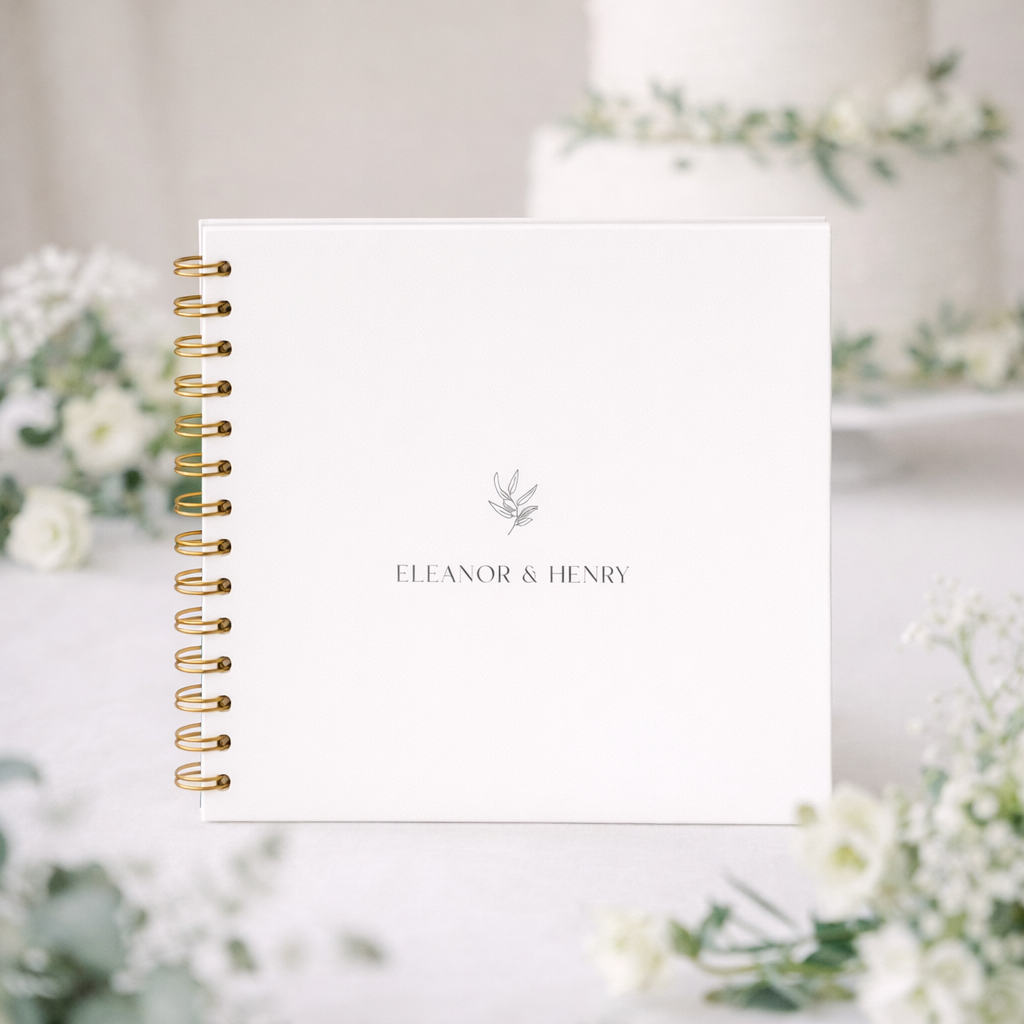 guestbook with gold binding and 'Eleanor & Henry' branding in front of a blurred floral and cake background