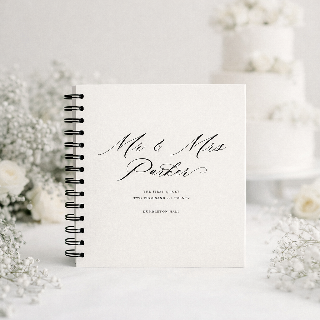 Personalised wedding guest book with 'Mr & Mrs Parker' on a white background with flowers