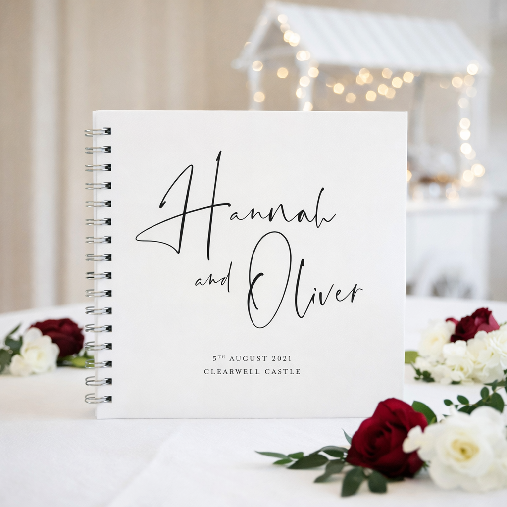 Wedding guest book with 'Hannah and Oliver' and date on a decorative background with flowers.