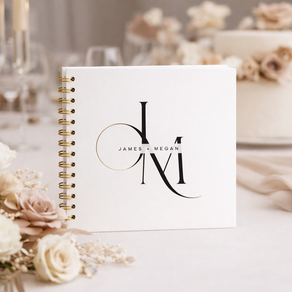 Guestbook with personalised monogram design on a table with flowers and candles