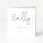 Greeting card with 'Sally' in cursive and a heartfelt message on a white background