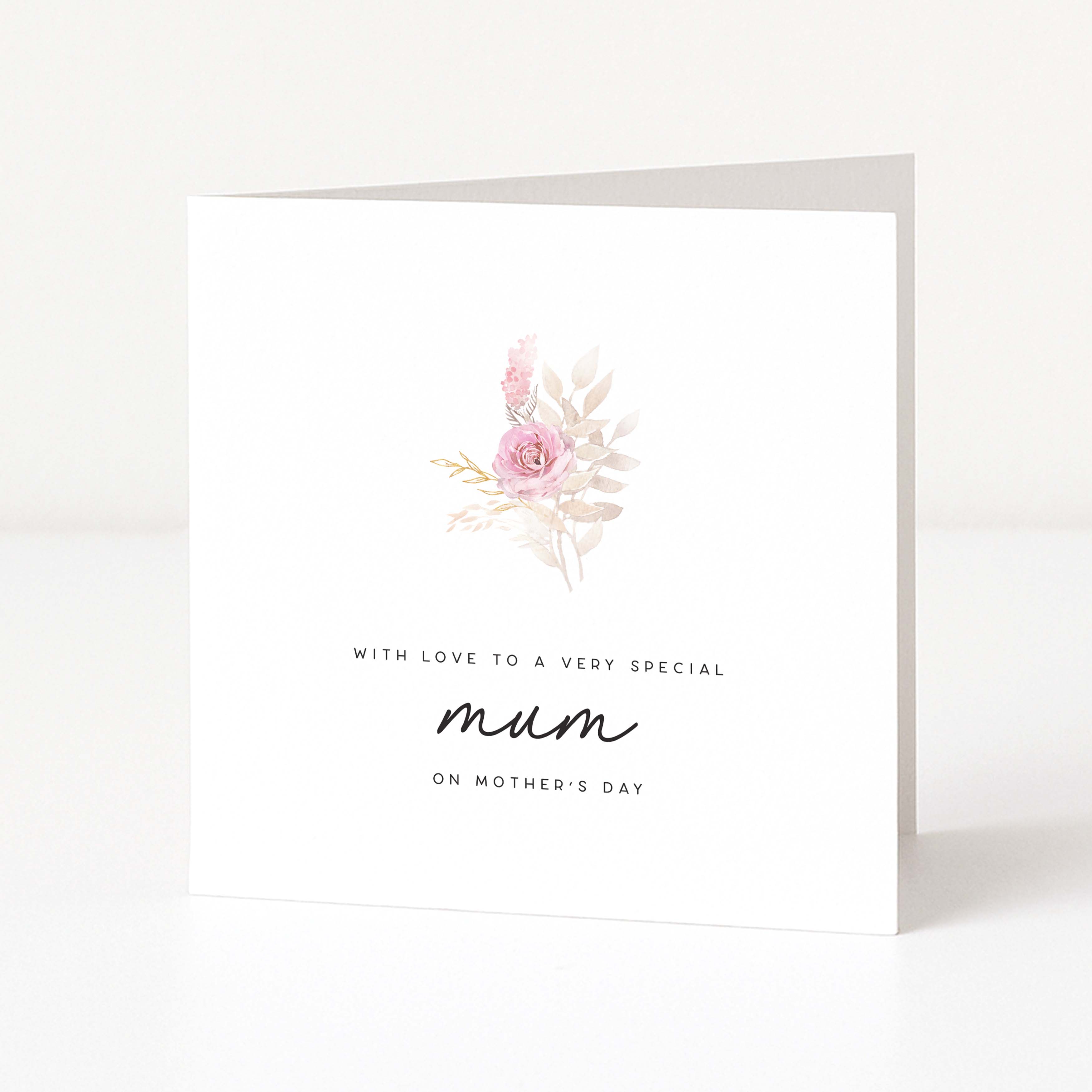 Greeting card with floral design and 'Mum' on Mother's Day text on a white background