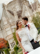 Couple in formal attire standing in front of a castle with 'Mrs & Mrs Worthington Est. 2026' text.