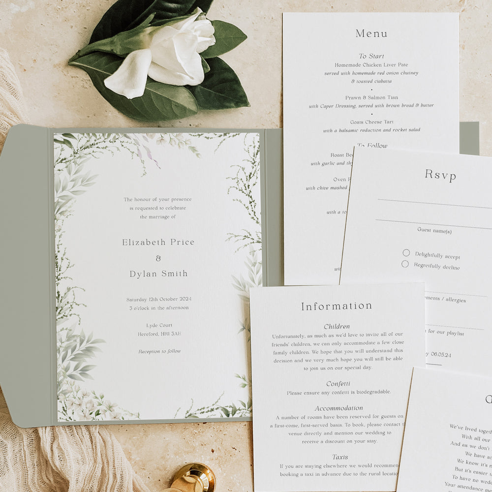 Elegant Botanical Sage Green Pocketfold Wedding Invitation Suite - Richmond Collection, Elle Bee Design