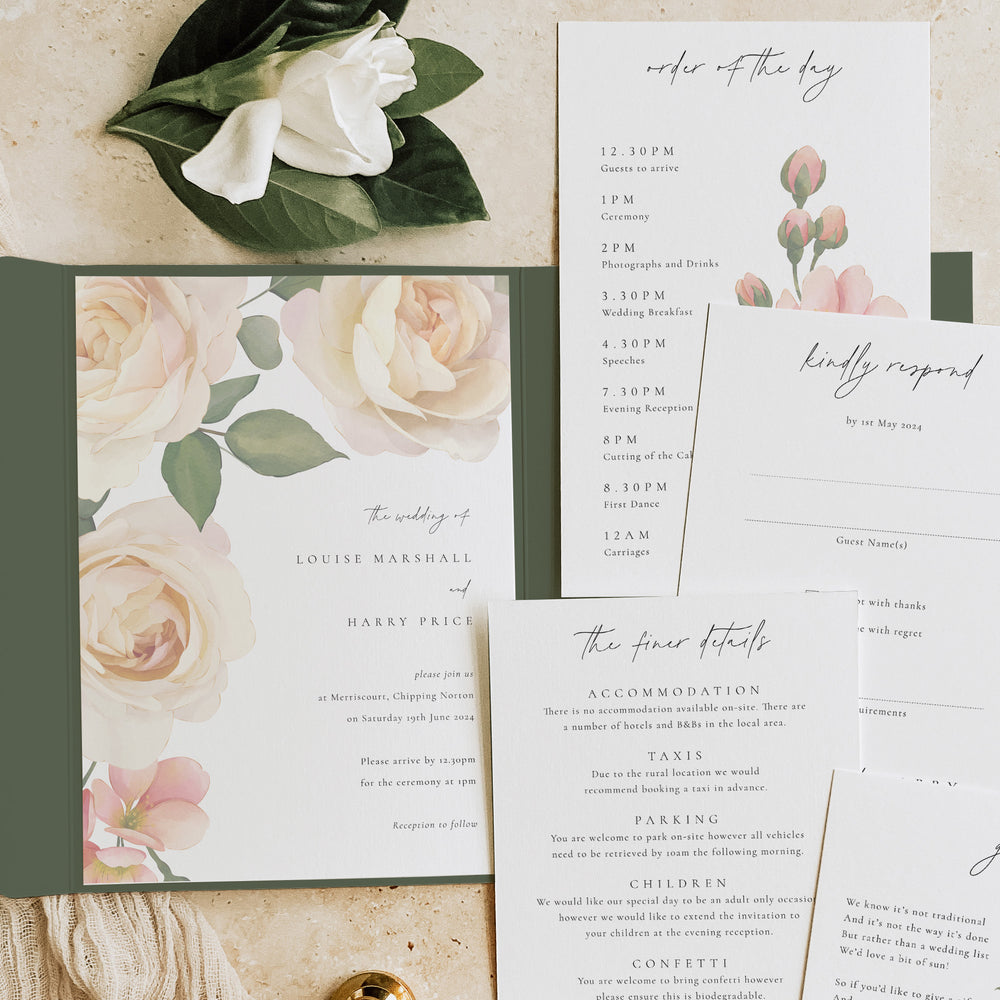 Rose Floral Pocketfold Wedding Invitation Suite - Royal Oak Collection, Elle Bee Design