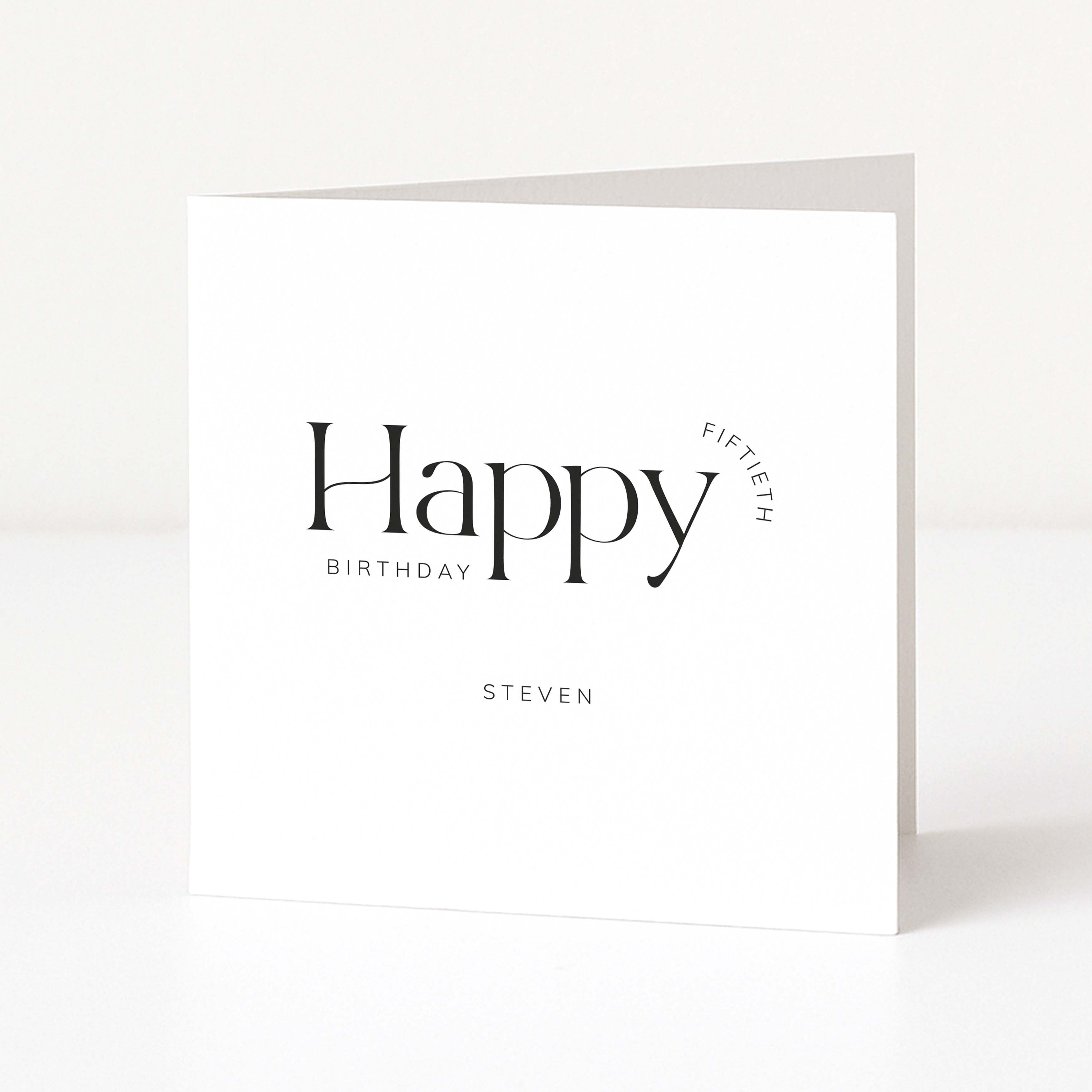 White 50th birthday card with personalised black text on a white background