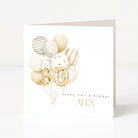 Greeting card with gold balloons and 'Happy 30th Birthday Alex' text on a white background