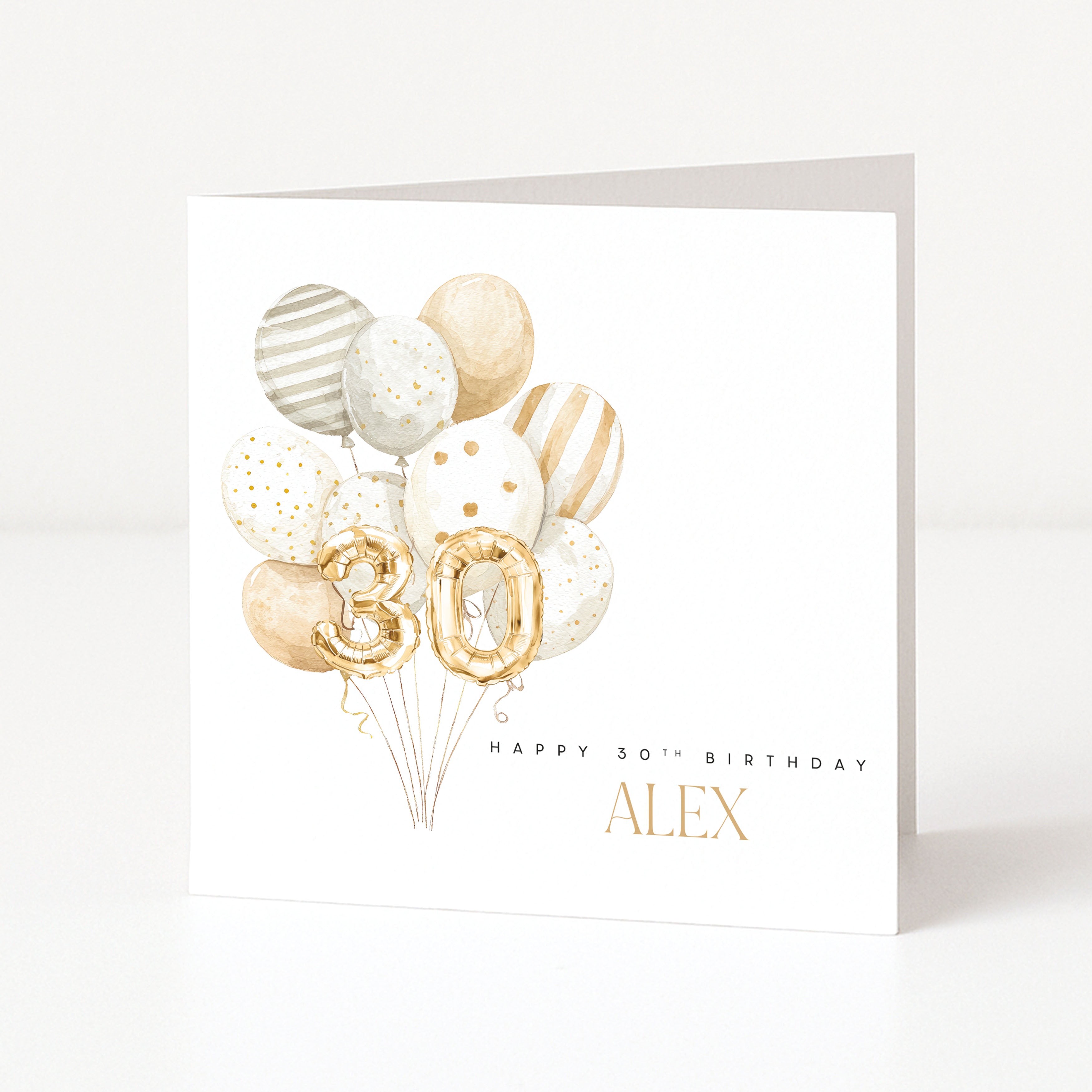 Greeting card with gold balloons and 'Happy 30th Birthday Alex' text on a white background