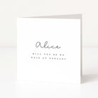 Greeting card with 'Alice, will you be my maid of honour?' text on a white background