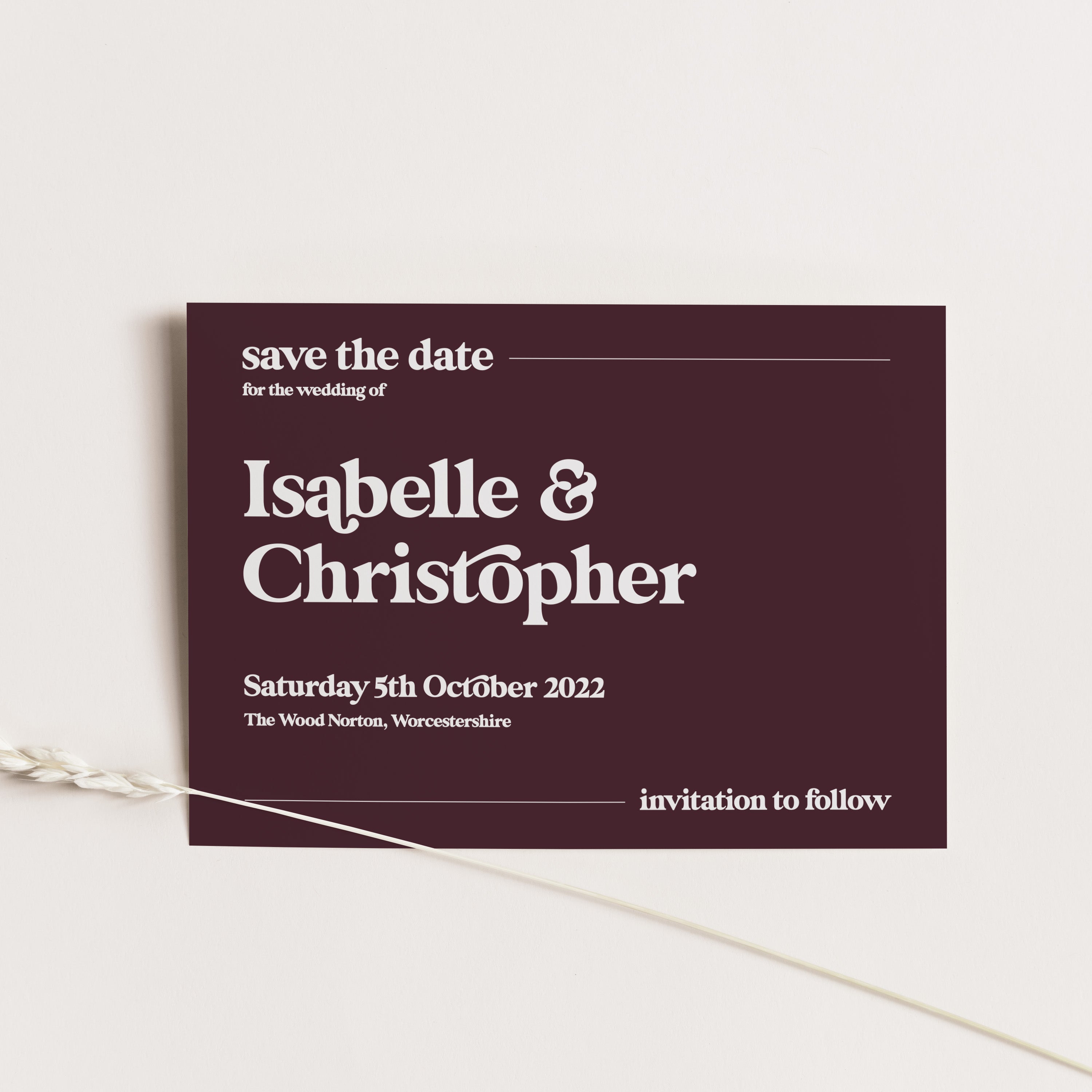 Retro Save the Date Card in Claret and White Ink - Soho Collection, Elle Bee Design