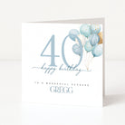 Personalised square 40th birthday card for a husband featuring a large blue line-art number forty, floating blue watercolour balloons, and customisable front name text.