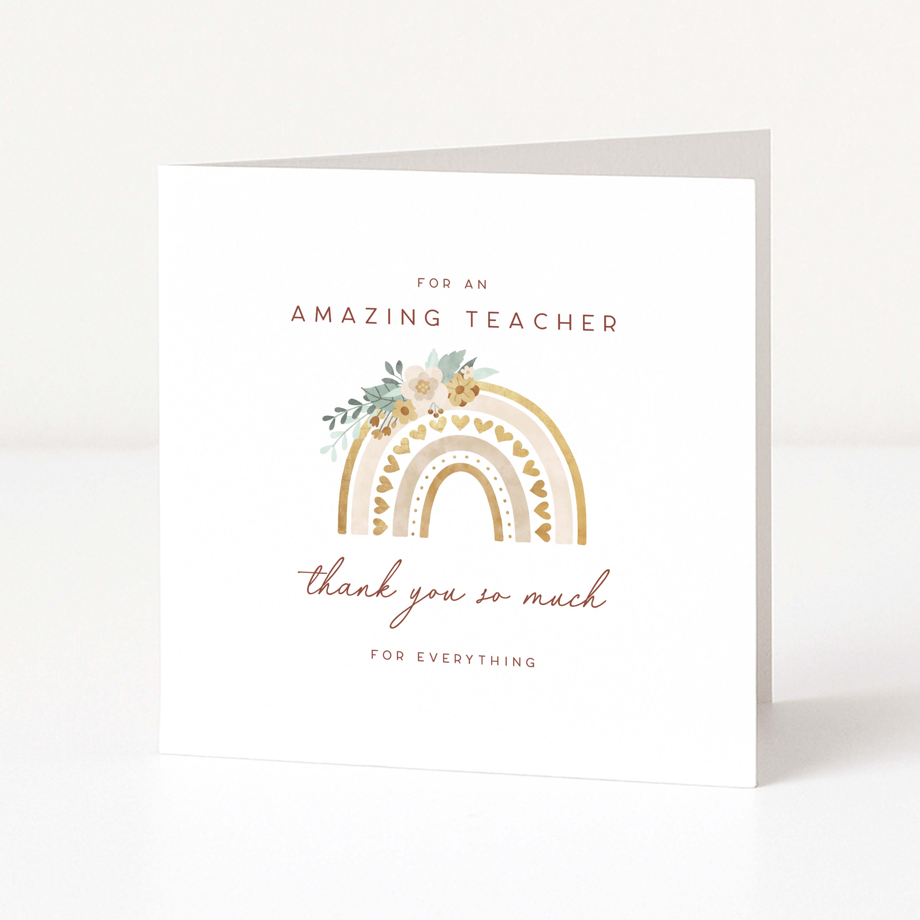 Greeting card with rainbow design and text for an amazing teacher on a white background
