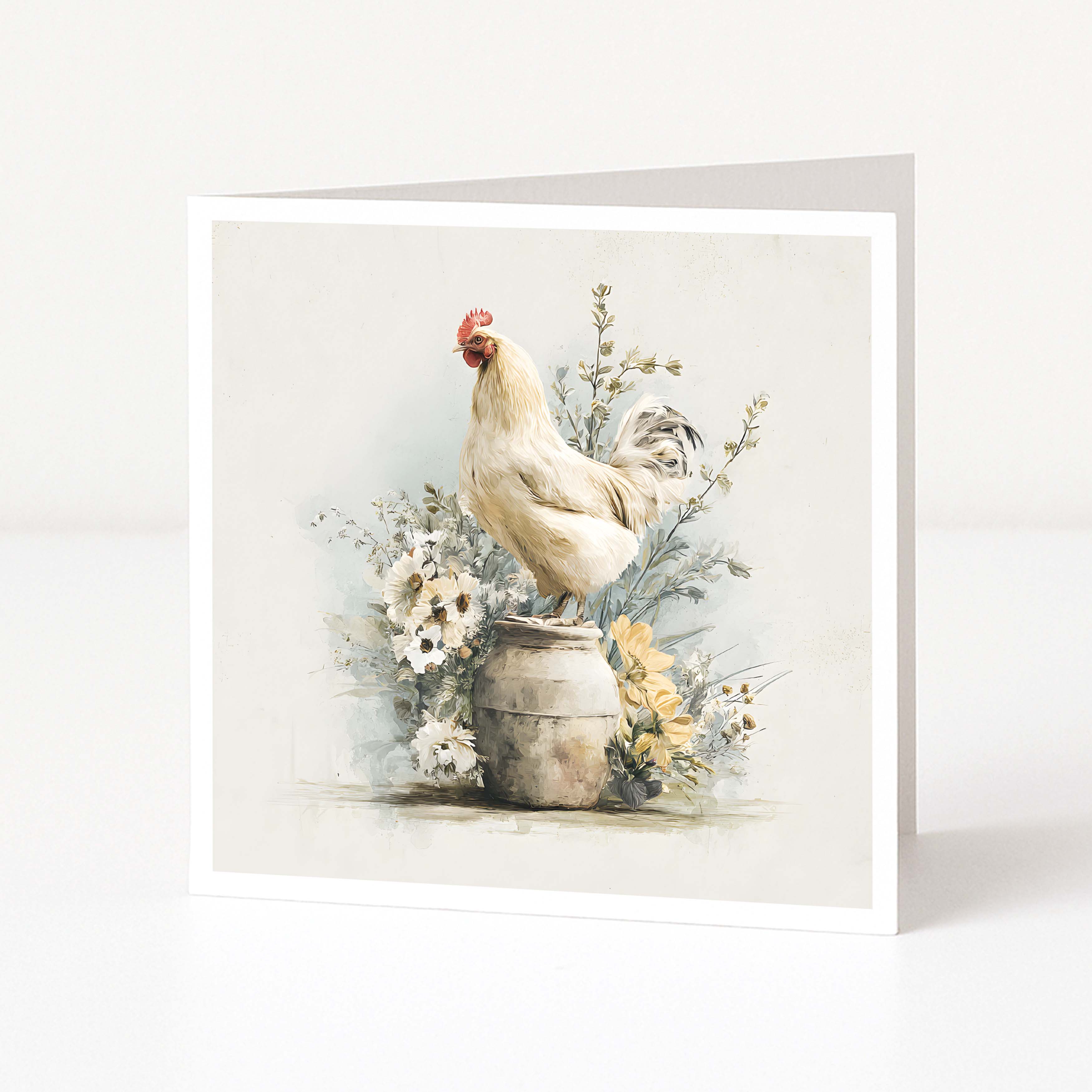 Greeting card with a chicken and flowers on a white background