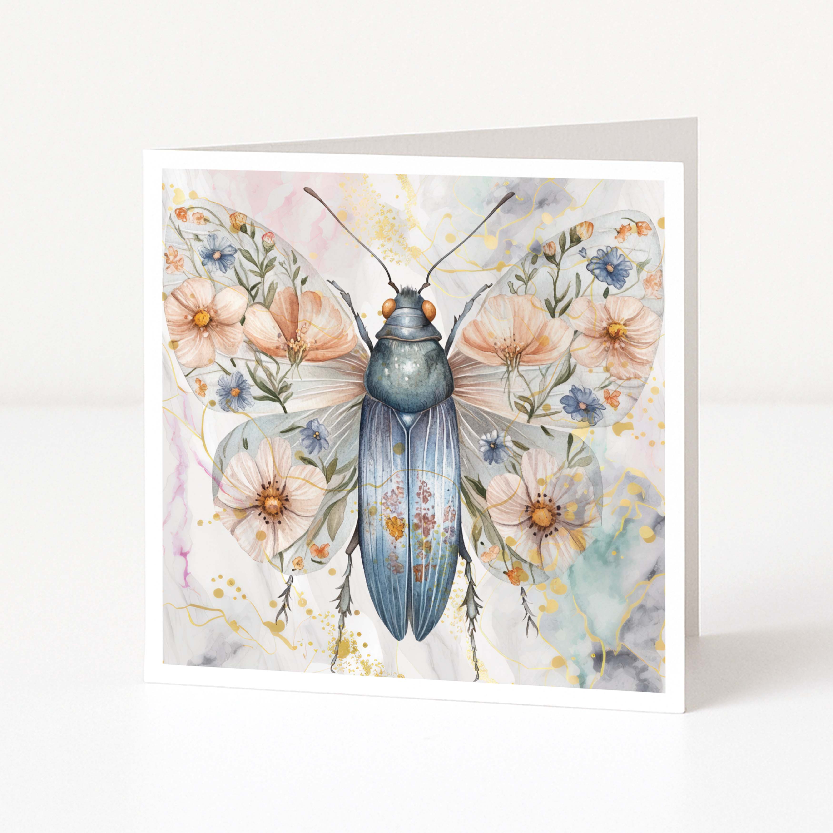 Greeting card with a colourful butterfly illustration on a floral background