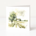 Greeting card with a scenic illustration of a house and trees on a white background