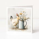 Card with a rooster and floral arrangement in a pitcher on a light background