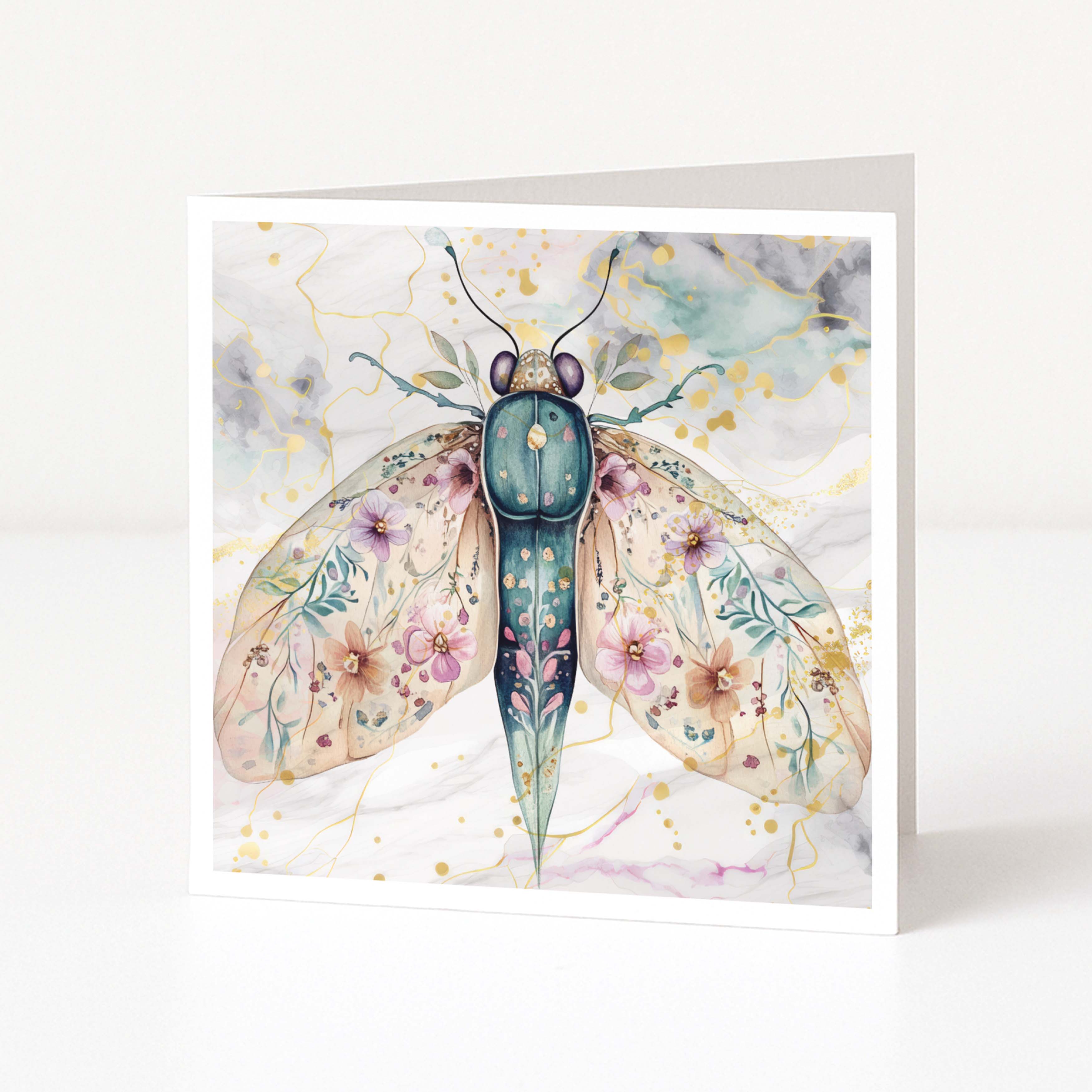 Greeting card with a colorful butterfly illustration on a white background