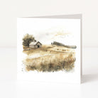 Artistic depiction of a rural landscape with a barn and trees on a white background