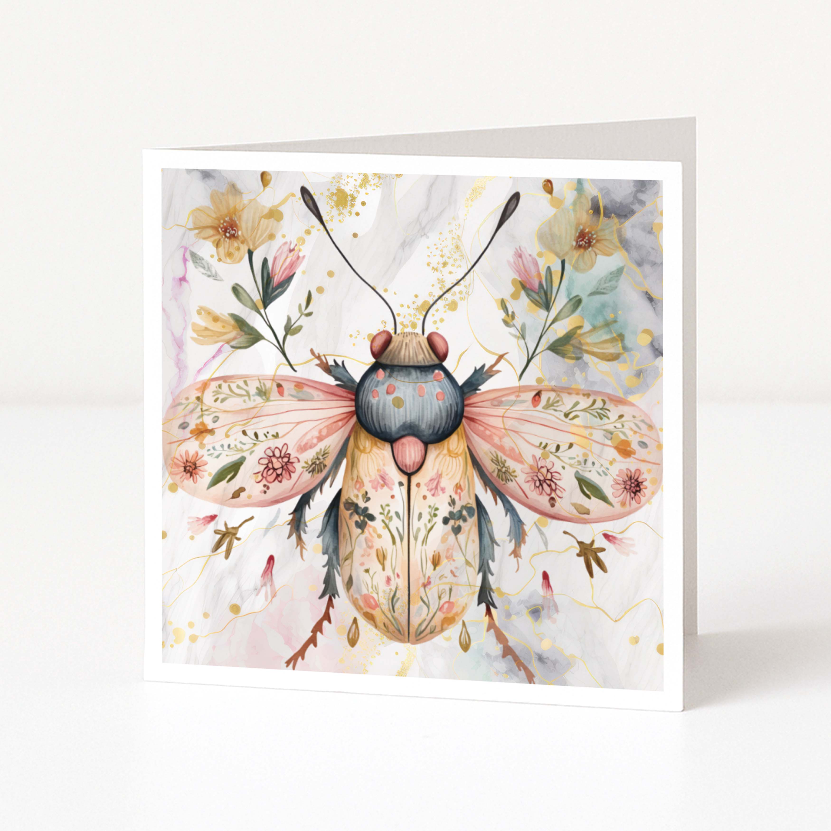 Greeting card with a beetle illustration surrounded by flowers on a white background