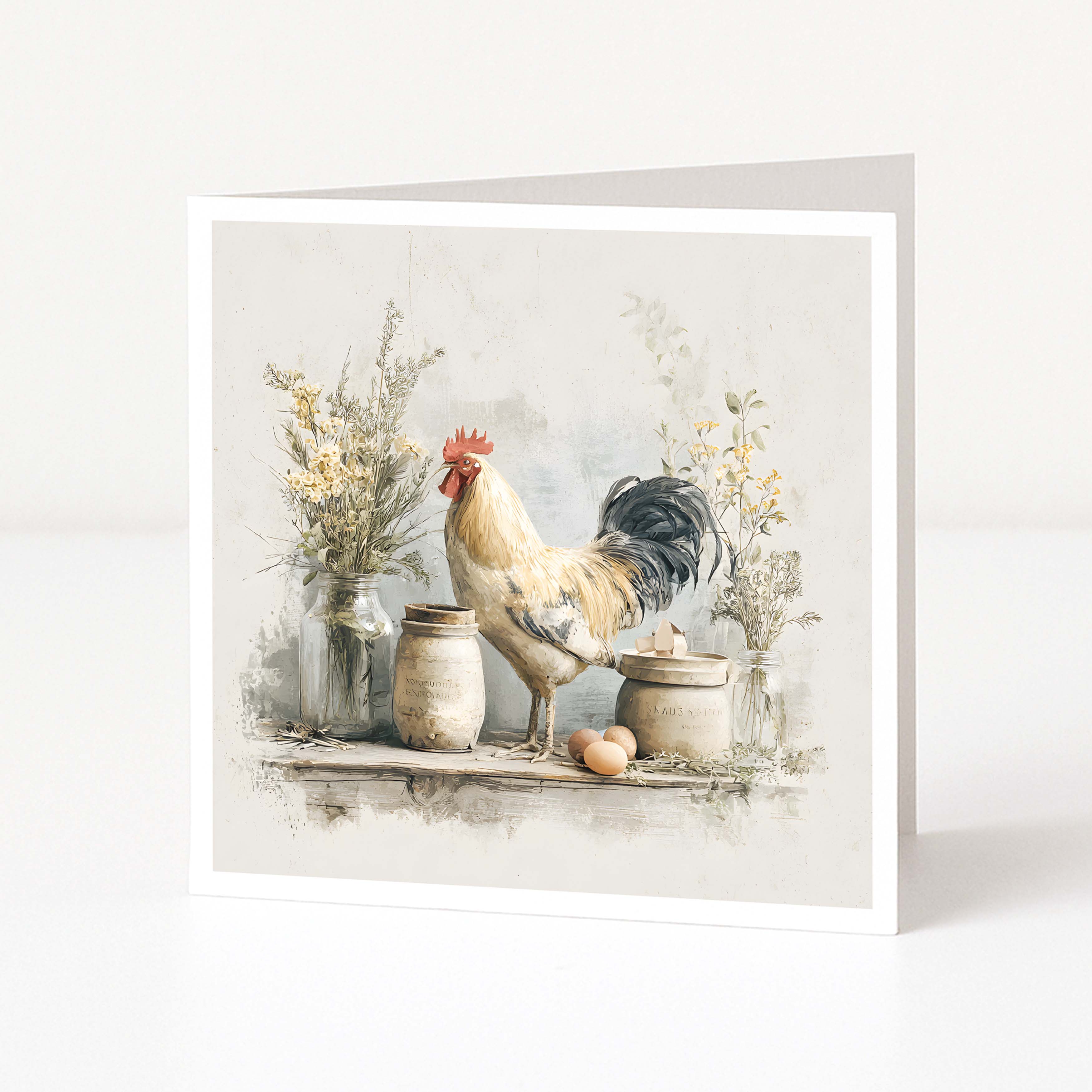 Framed artwork of a rooster and rustic elements on a white background