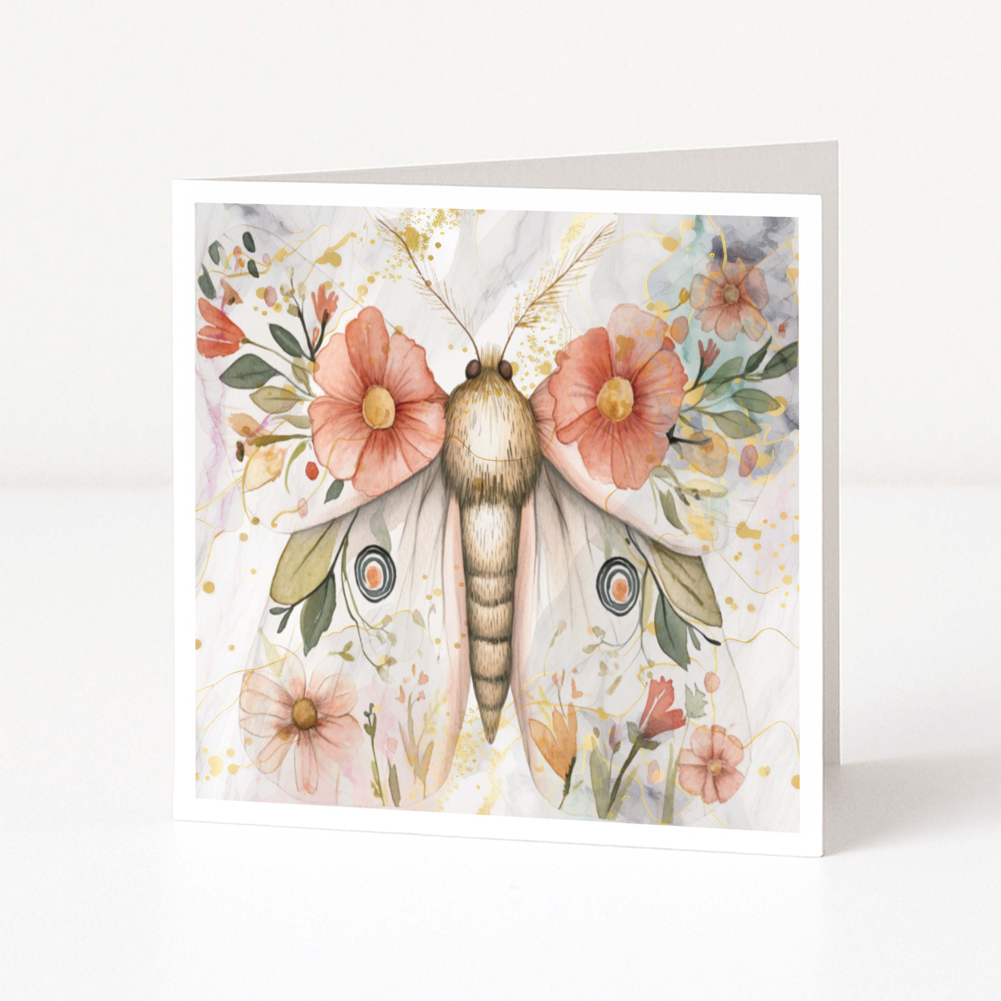 Greeting card with a butterfly design surrounded by flowers on a white background