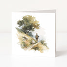Greeting card with a watercolour design of a shepherd and sheep in a forest on a white background