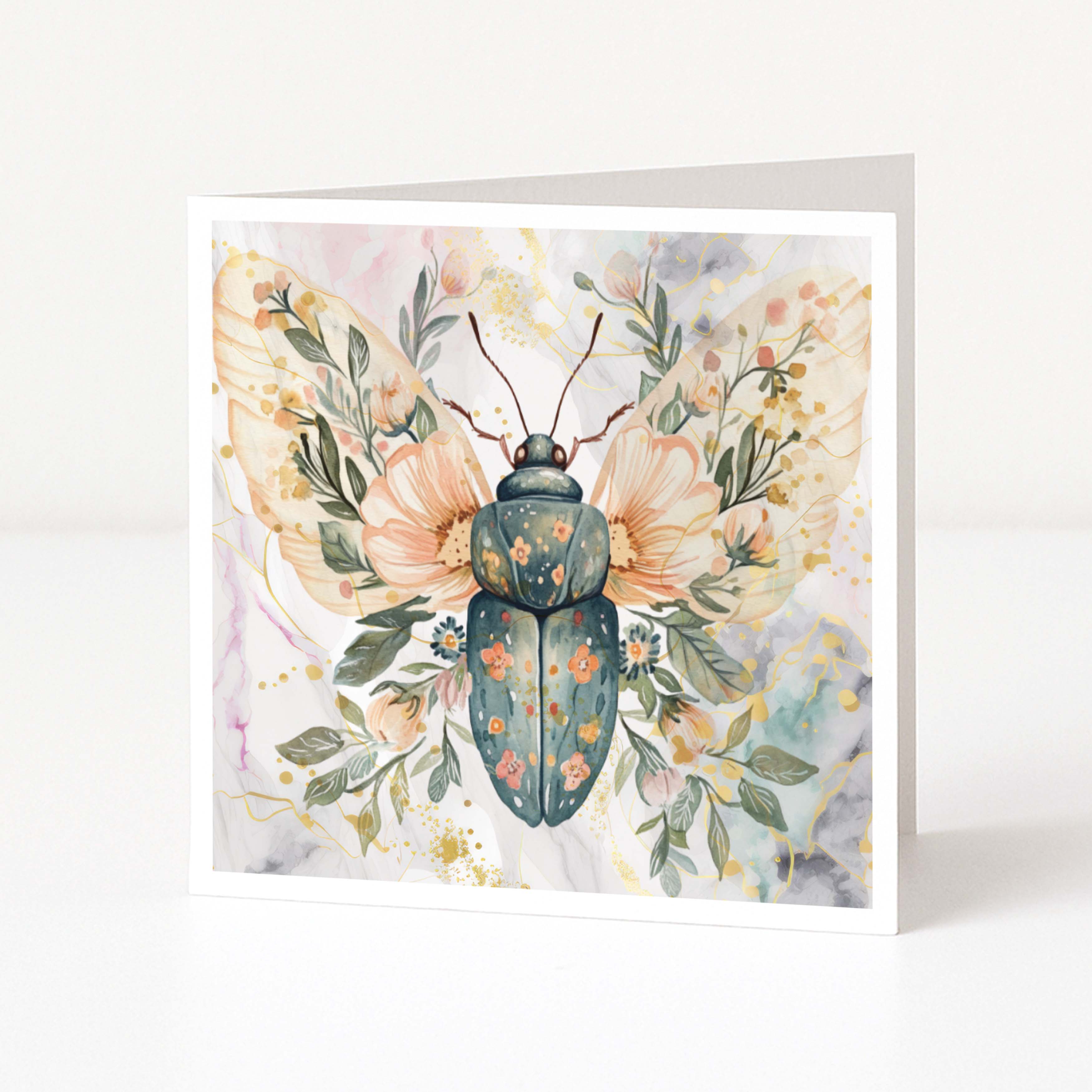 Greeting card with a beetle illustration surrounded by flowers and leaves on a white background