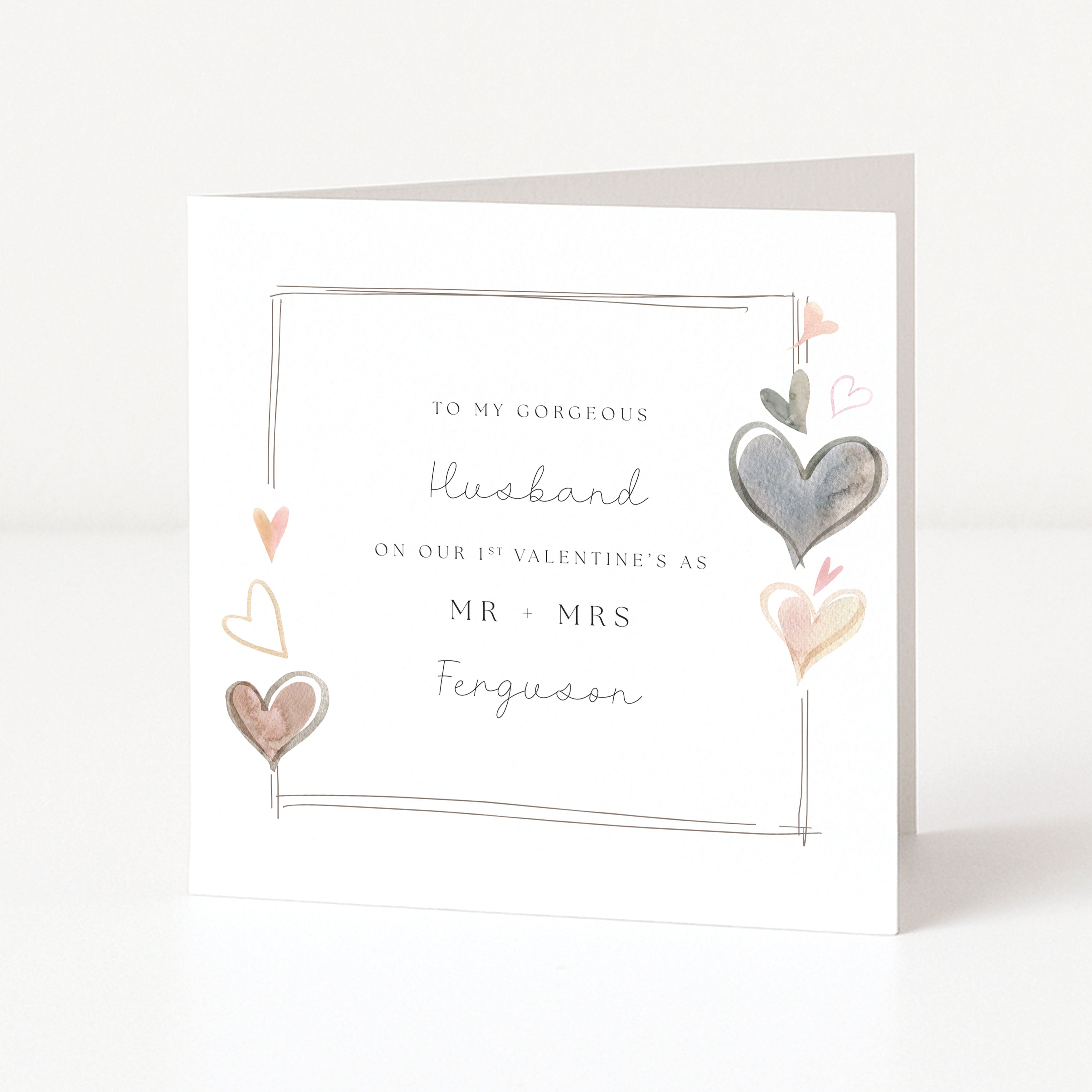 Valentine's Day card with hearts and personalized text on a white background