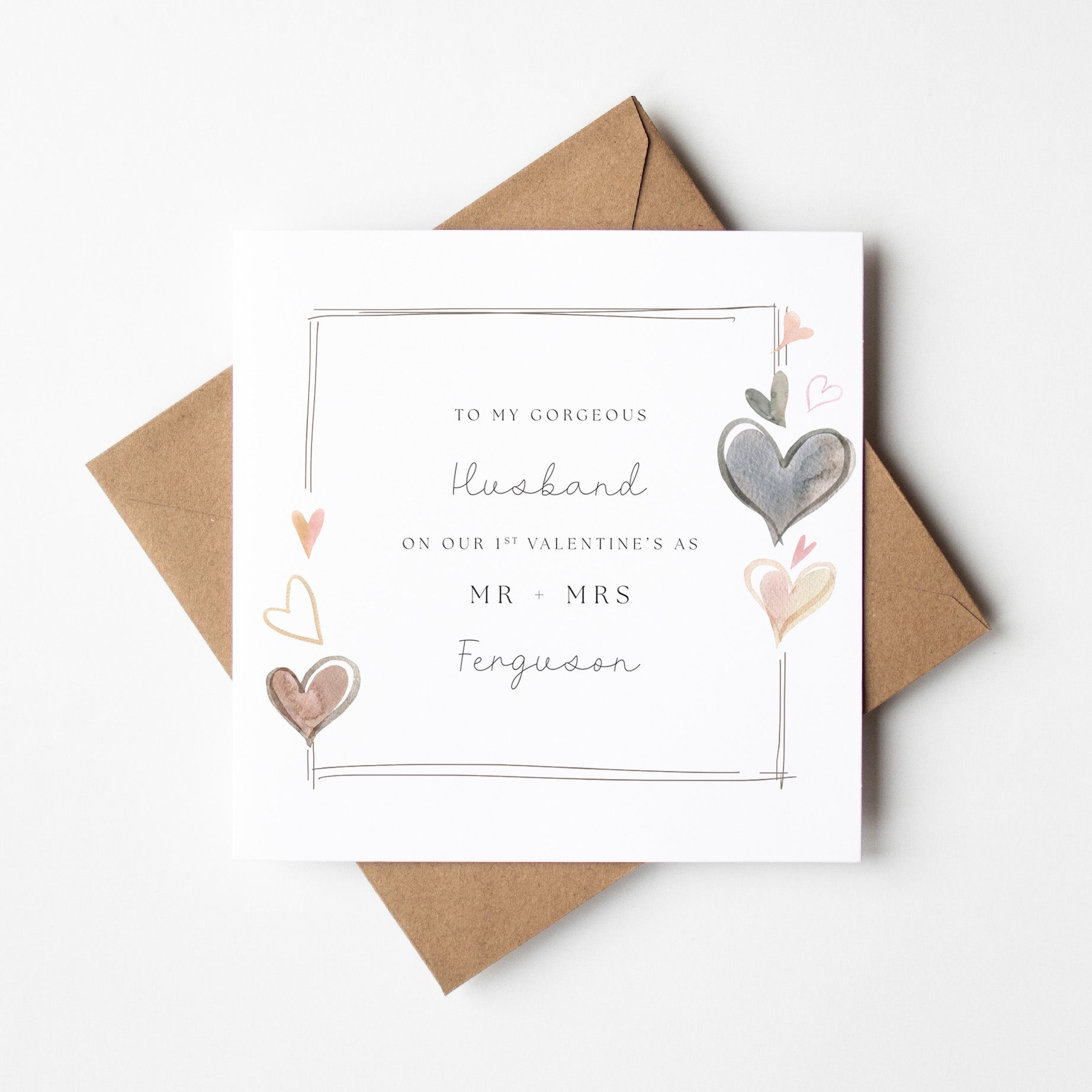Valentine's Day card with decorative hearts and personalized text on a white background