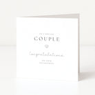 engagement card featuring easy to read font and silver heart. On a white background. 