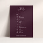Wedding order of the day schedule on a burgundy background