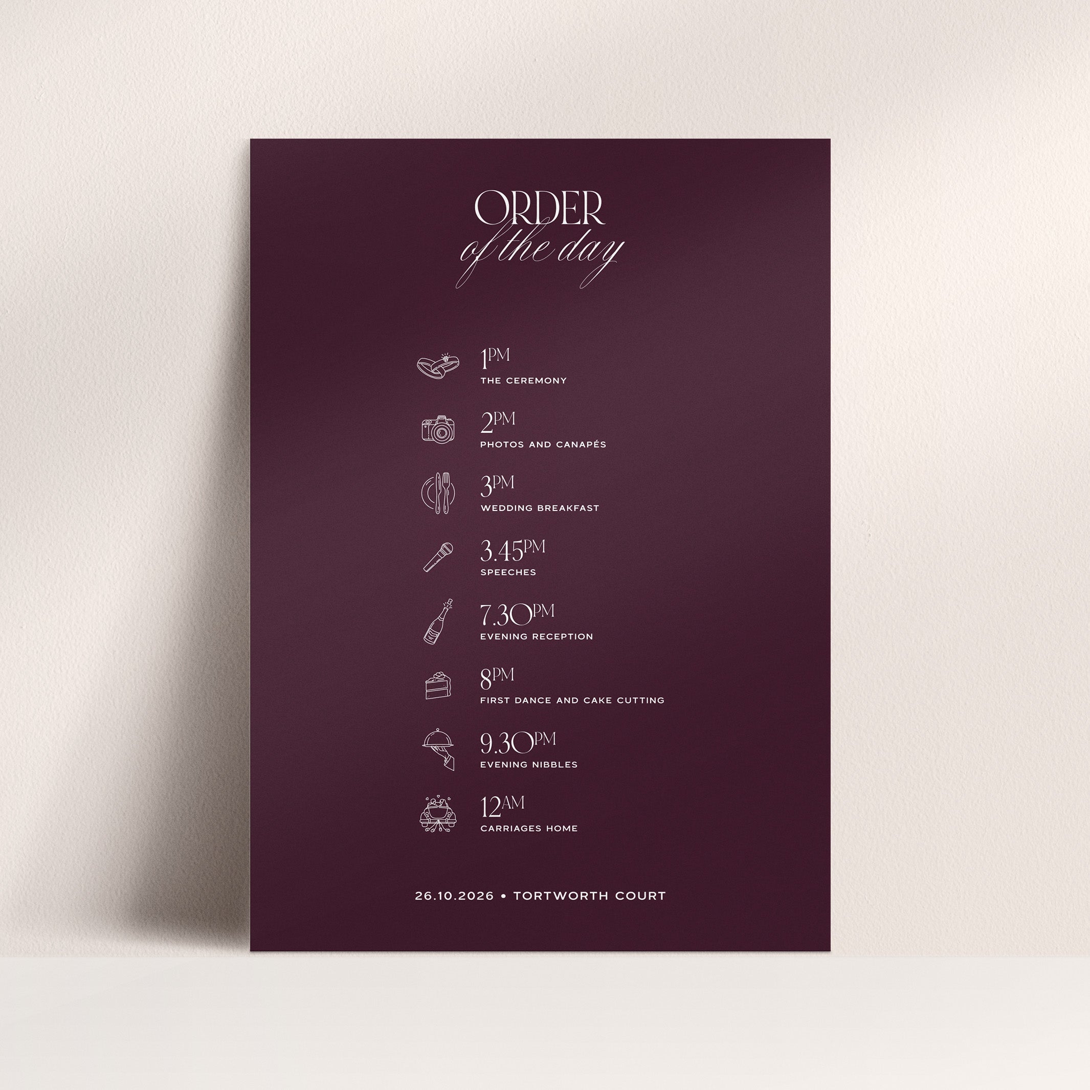 Wedding order of the day schedule on a burgundy background