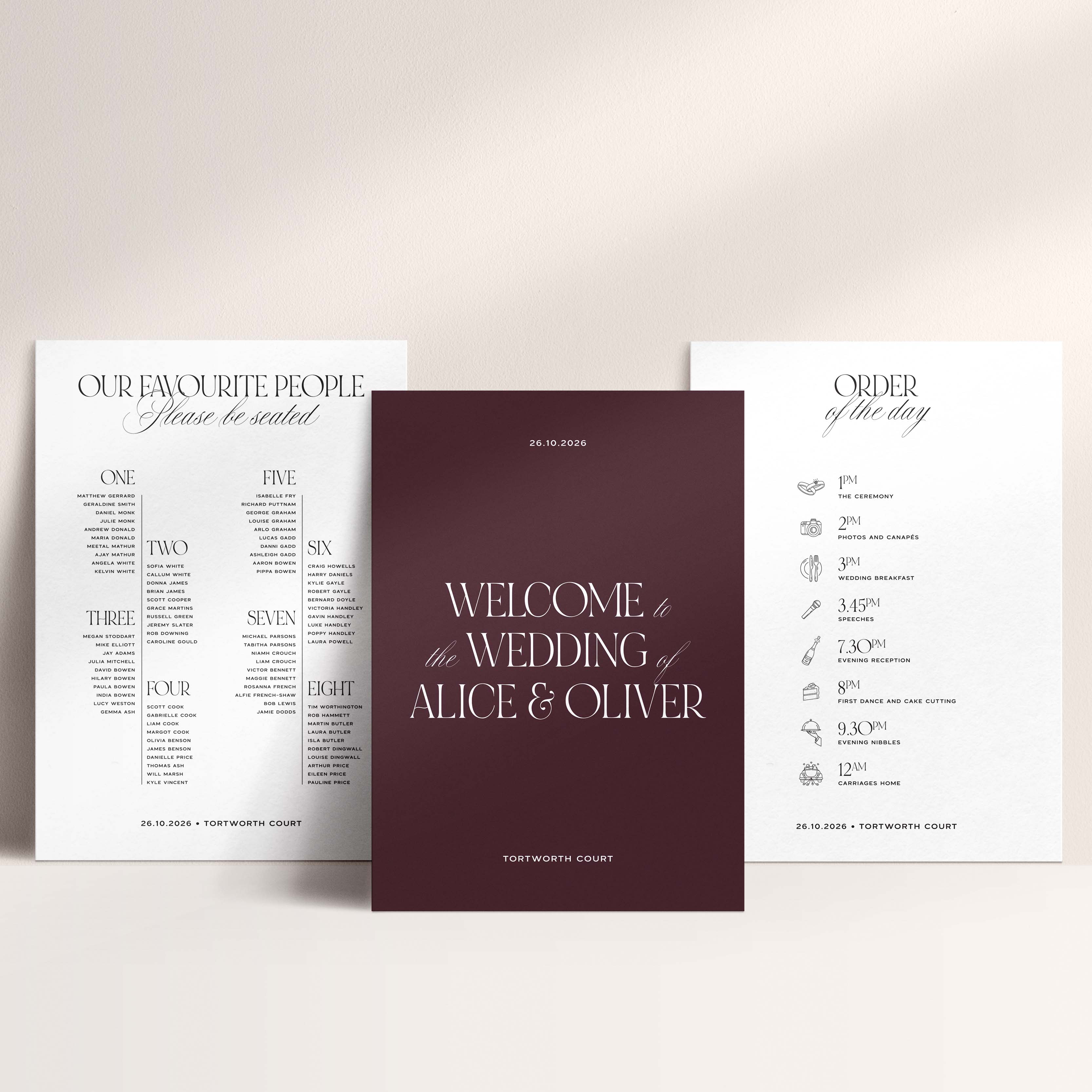 Wedding signage set with order of the day, welcome sign and seating plan on a light background