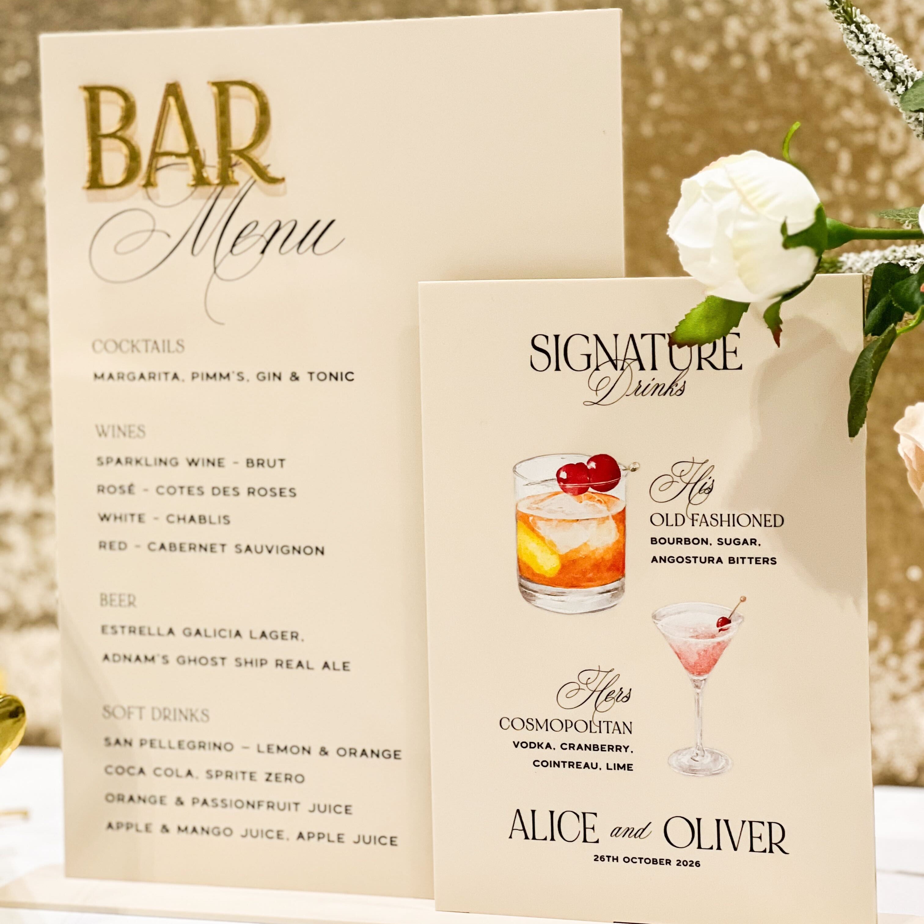 Bar menu with cocktail illustrations and text on a decorative background