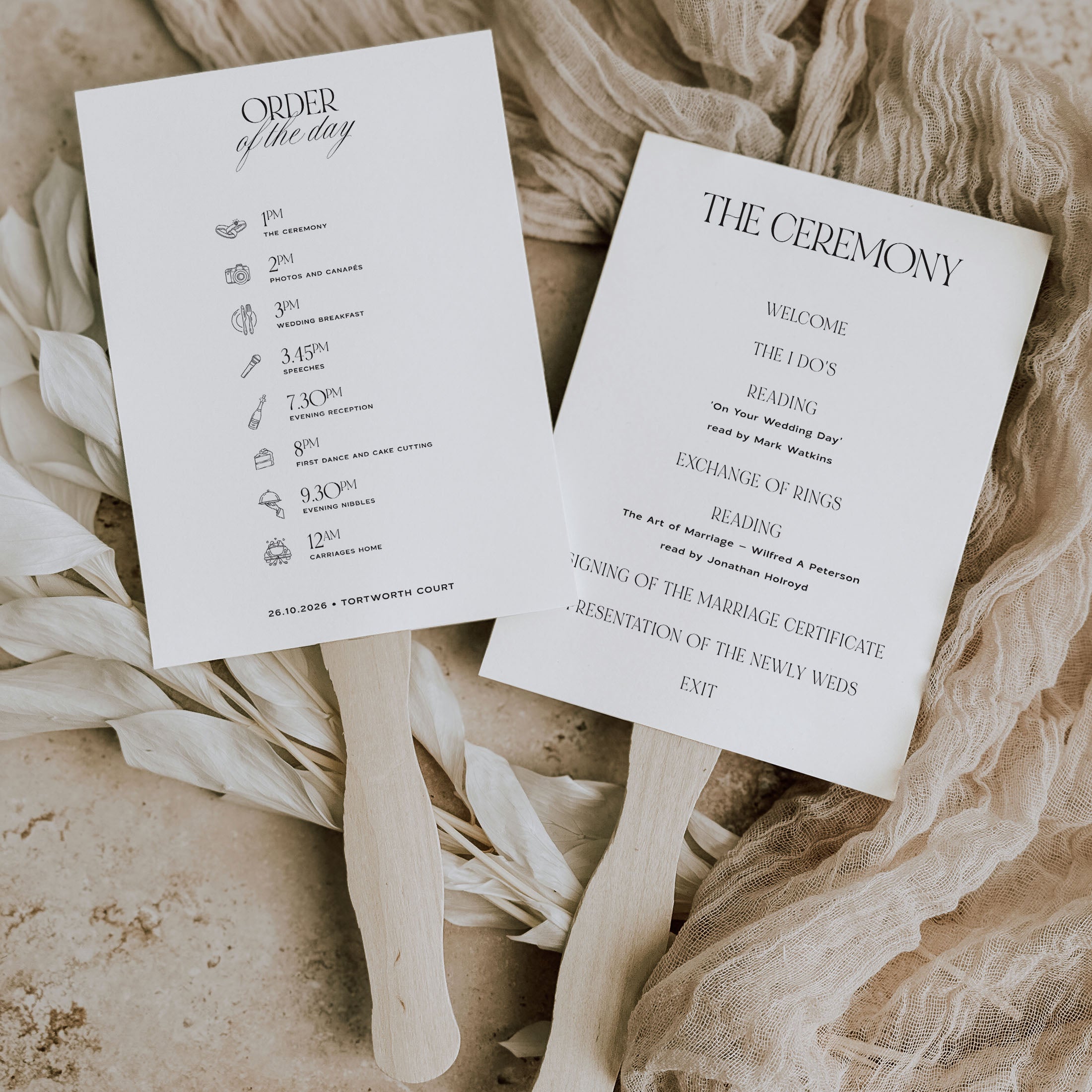 Wedding Ceremony and Order of the day made into a paddle fan in a modern typeface
