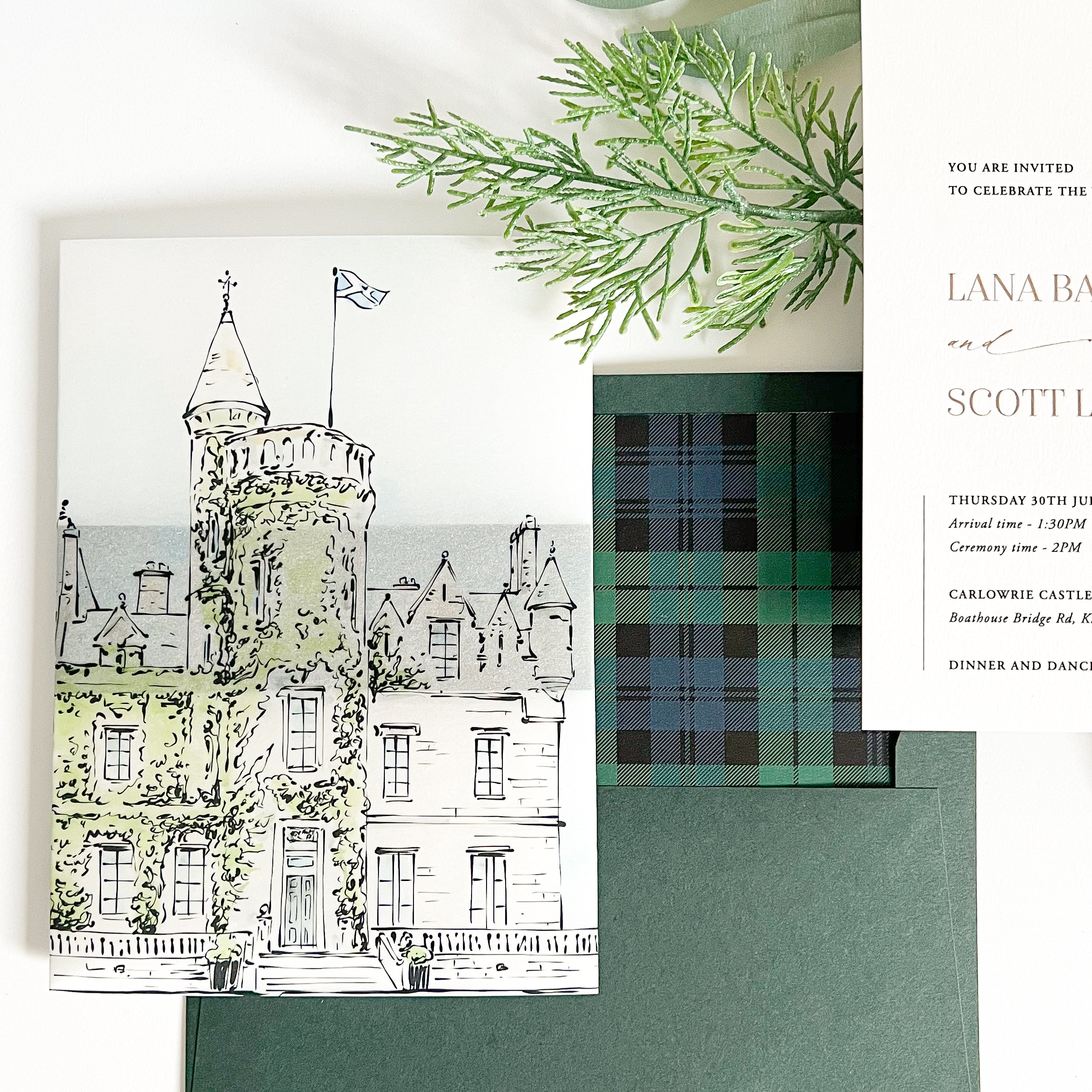 Collage of a castle illustration, plaid pattern, and formal invitation card.