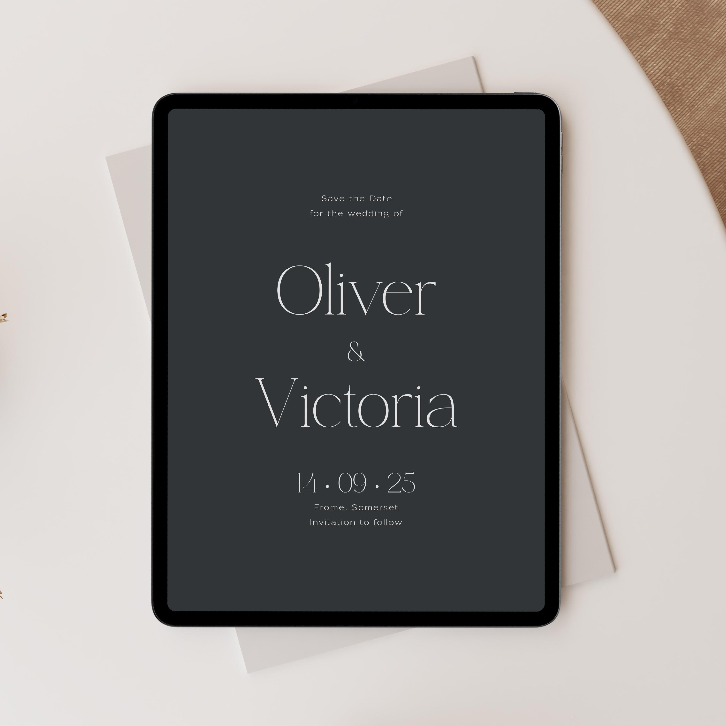 Elegant and Modern Paperless Digital Save the Date in Slate Grey - Victoria Collection