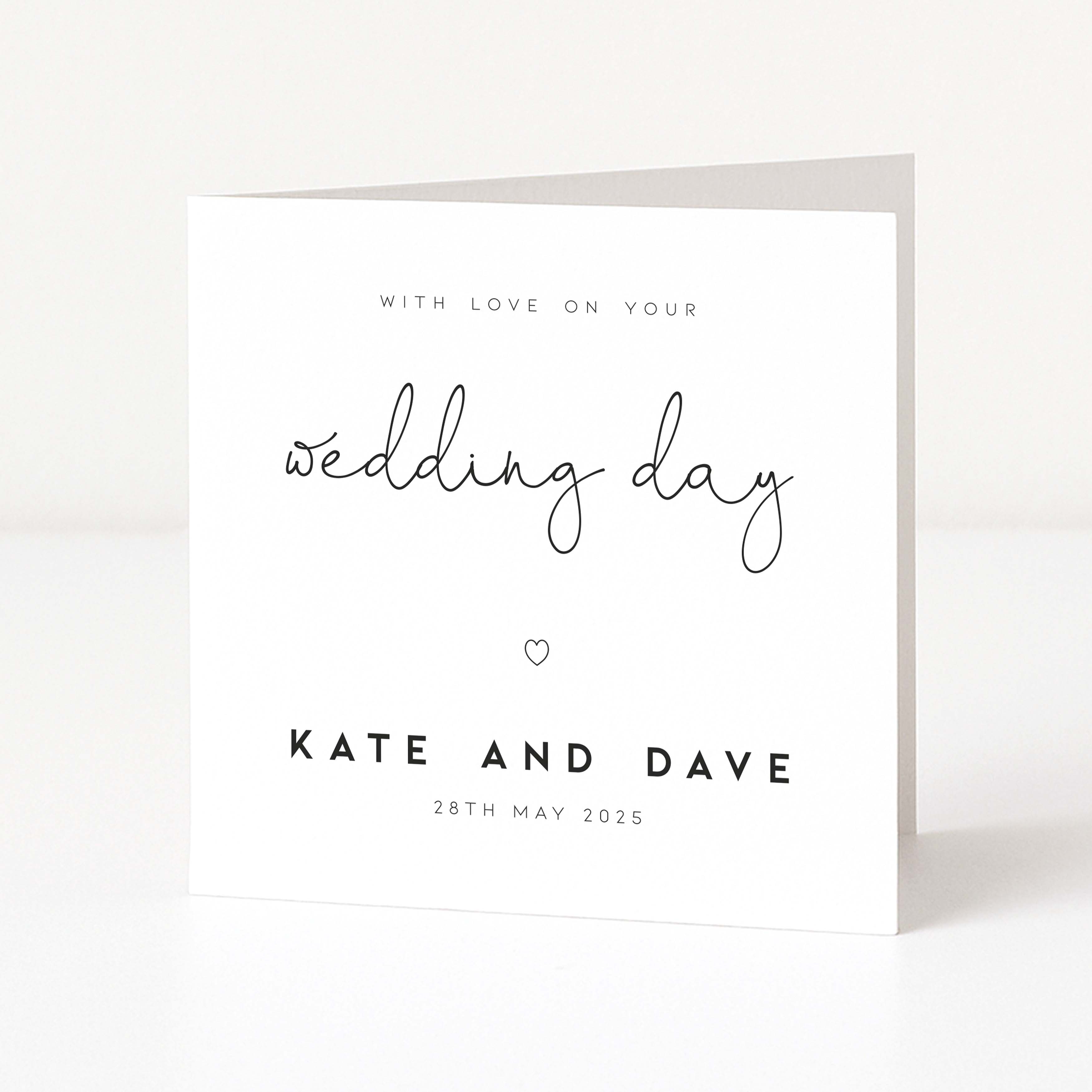 Greeting card with 'wedding day' text and personalized names on a white background