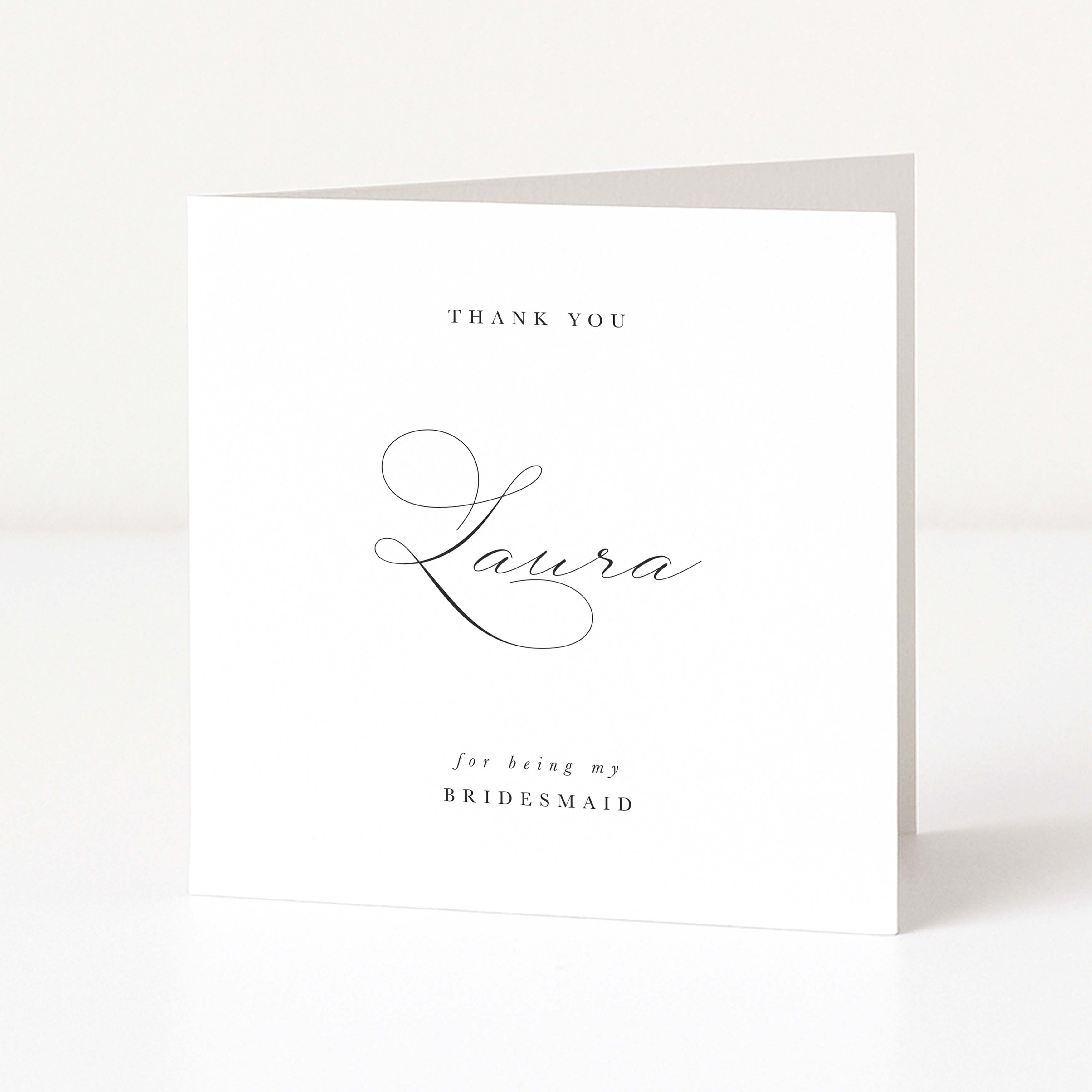 Greeting card with 'Thank you Laura for being my Bridesmaid' text on a white background