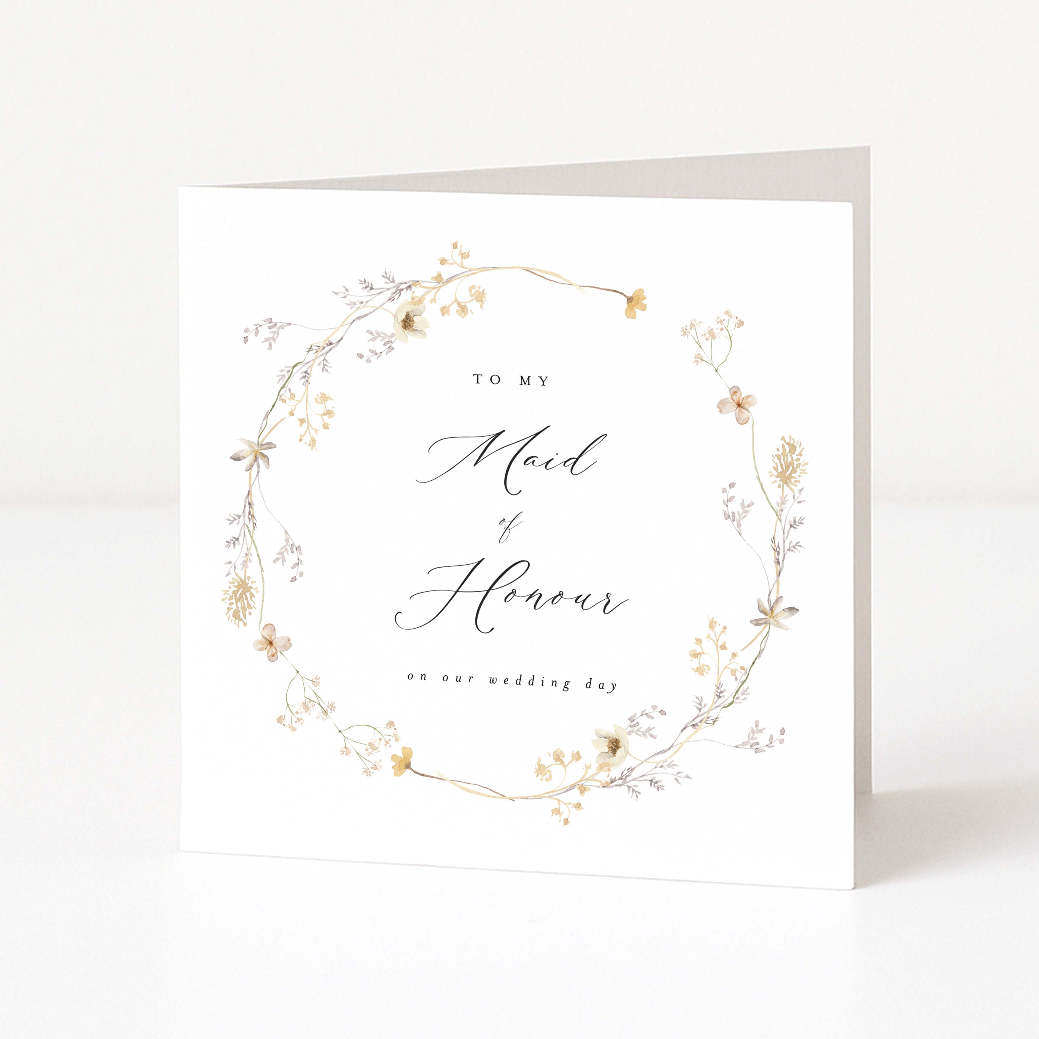 Greeting card for maid of honour with floral design and text on a white background
