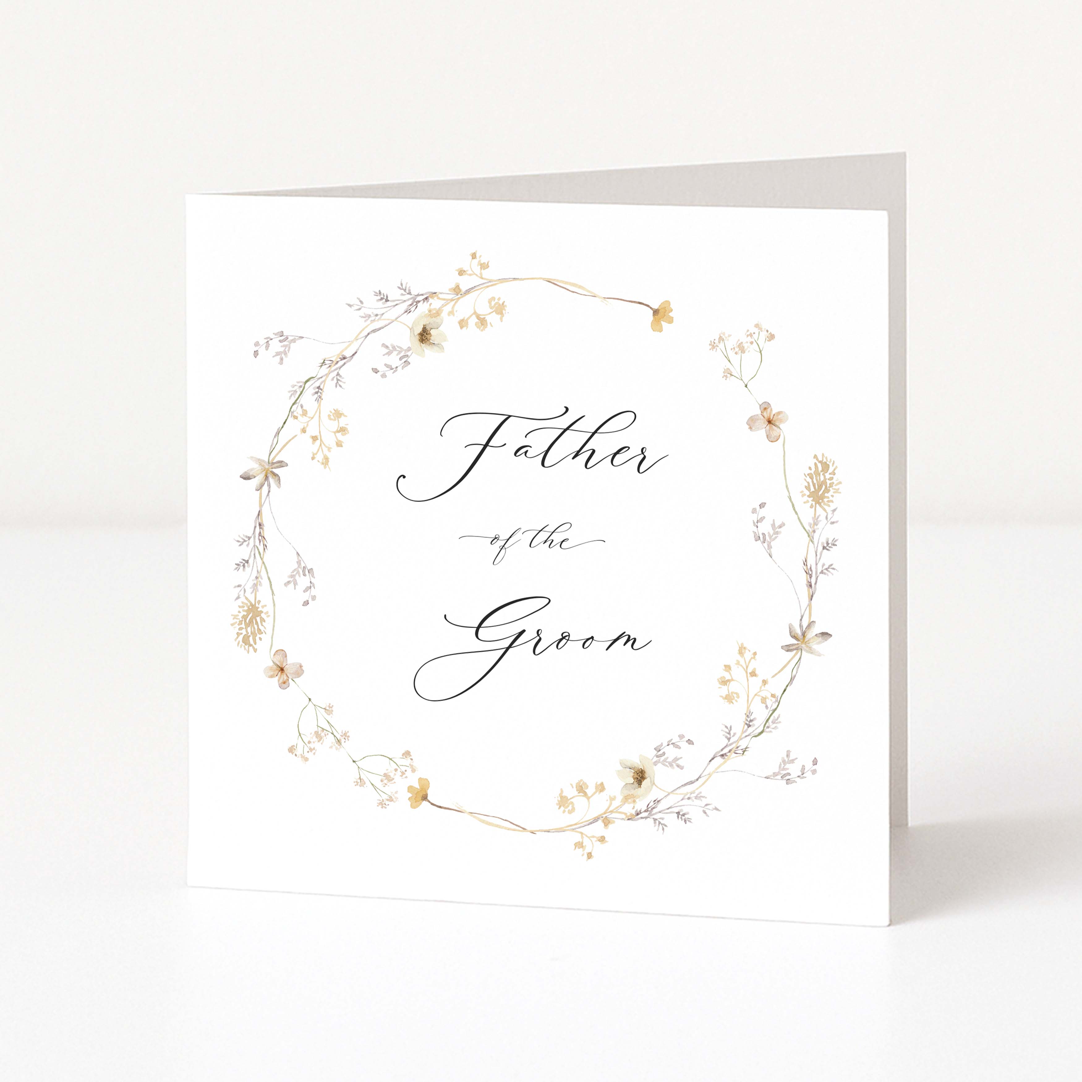 Greeting card with floral wreath and 'Father of the Groom' text on a white background