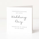 White card with black text 'Congratulations on your Wedding Day' and names and date.
