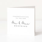 Greeting card with 'Congratulations to the new Mr & Mrs Worthing' text on a white background