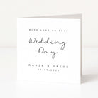White card with black text 'With love on your wedding day' and names 'Maria & Gregg' on a white background