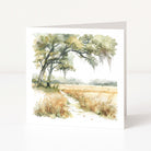 Greeting card with a scenic landscape of trees and a path on a white background
